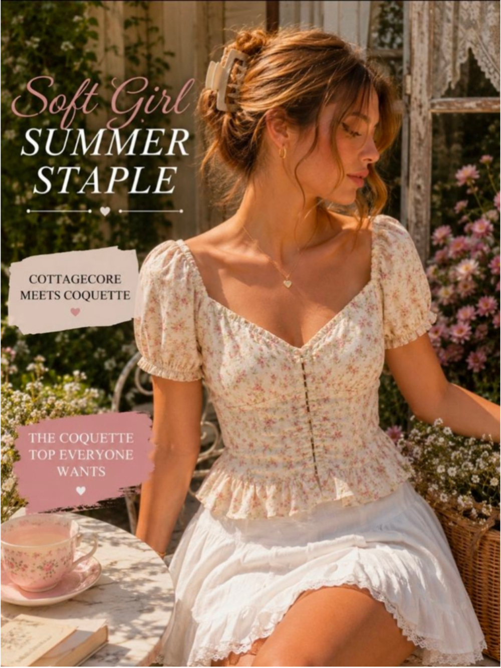 Altard State Floral Puff Sleeve Corset Peplum Top Cottagecore Coquette